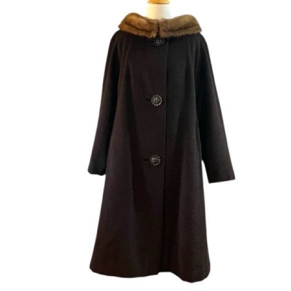 VINTAGE 60S HOCKANUM WOOL AND FUR TRIM UNION MADE SWING COAT DARK BROWN SIZE M